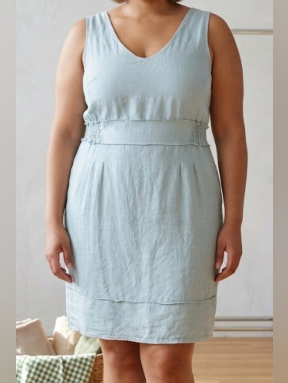 100% Linen Sage Green Sleeveless V-Neck Mini Dress with Elastic Defined Waist XL